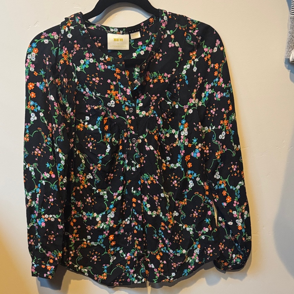 Maeve Black Floral Button-Up Blouse